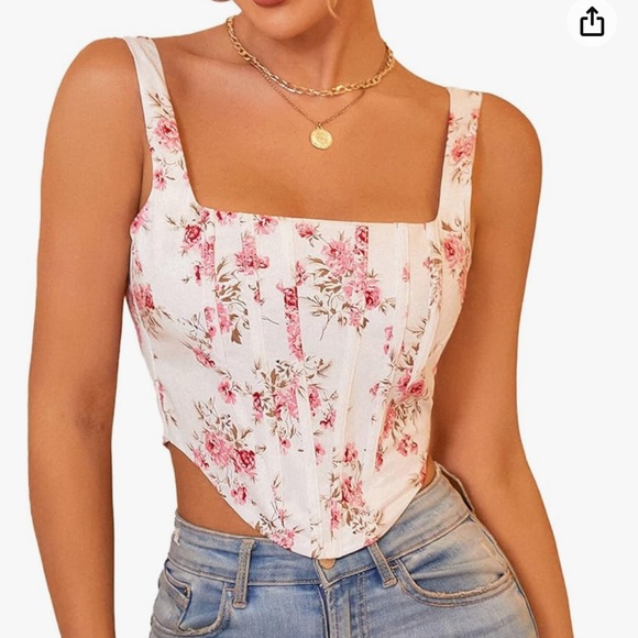 KUTUMAI Women's Summer Floral Corset Crop Top Strap Boned Bustier Zip Back - Picture 1 of 10